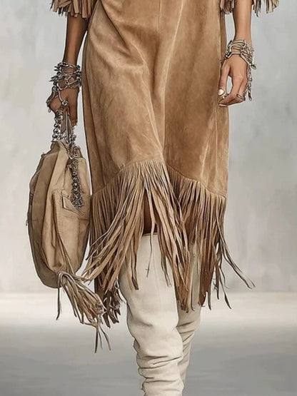 Fringed Round Neck Midi Dress - Khaki - View 2