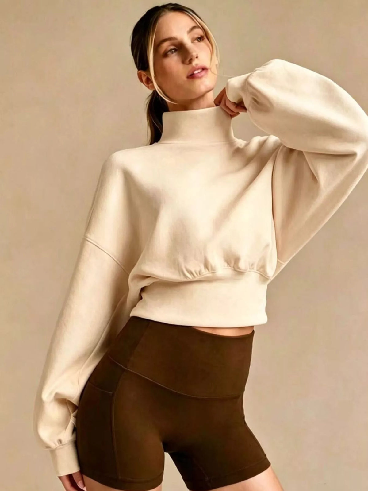 Turtleneck Dropped Shoulder Sweatshirt - Apricot - View 2
