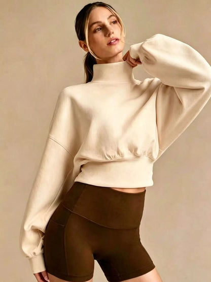 Turtleneck Dropped Shoulder Sweatshirt - Apricot - View 2