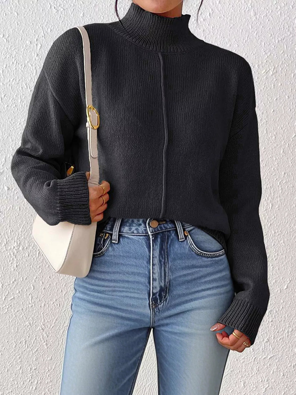 Center Seam Detail Turtleneck Sweater - Black - View 2
