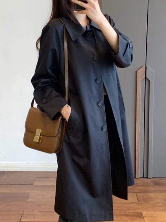 Classic Minimalist Single-Breasted Trench Coat Outerwear - Navy Blue - View 1