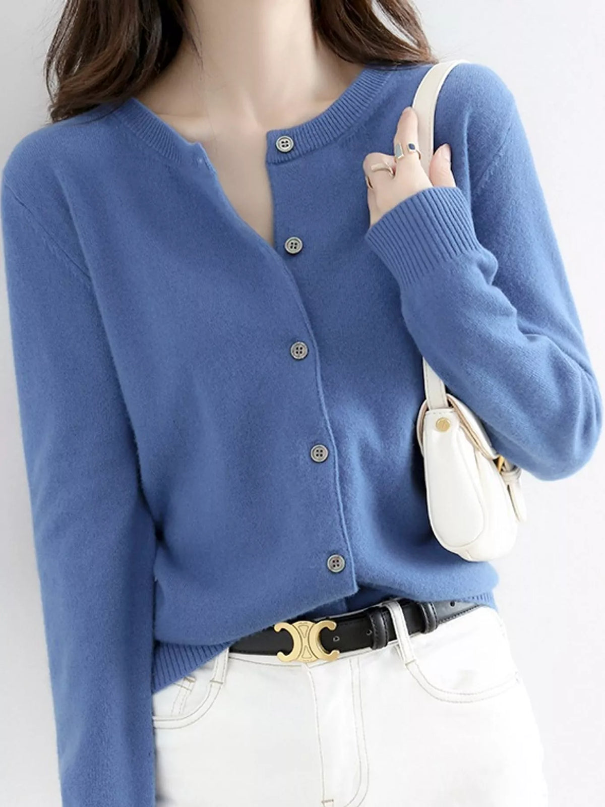 Crew-Neck Button-Down Cardigan - Denim Blue - View 41