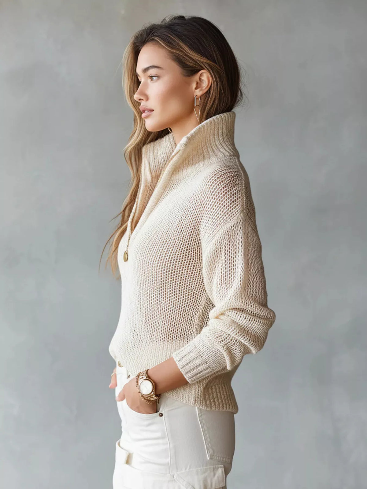Half-Zip Dropped Shoulder Sweater - Beige - View 3