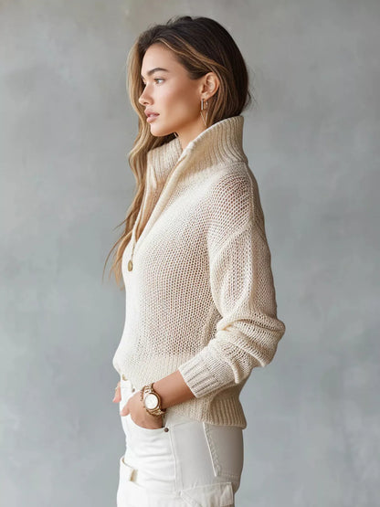 Half-Zip Dropped Shoulder Sweater - Beige - View 3