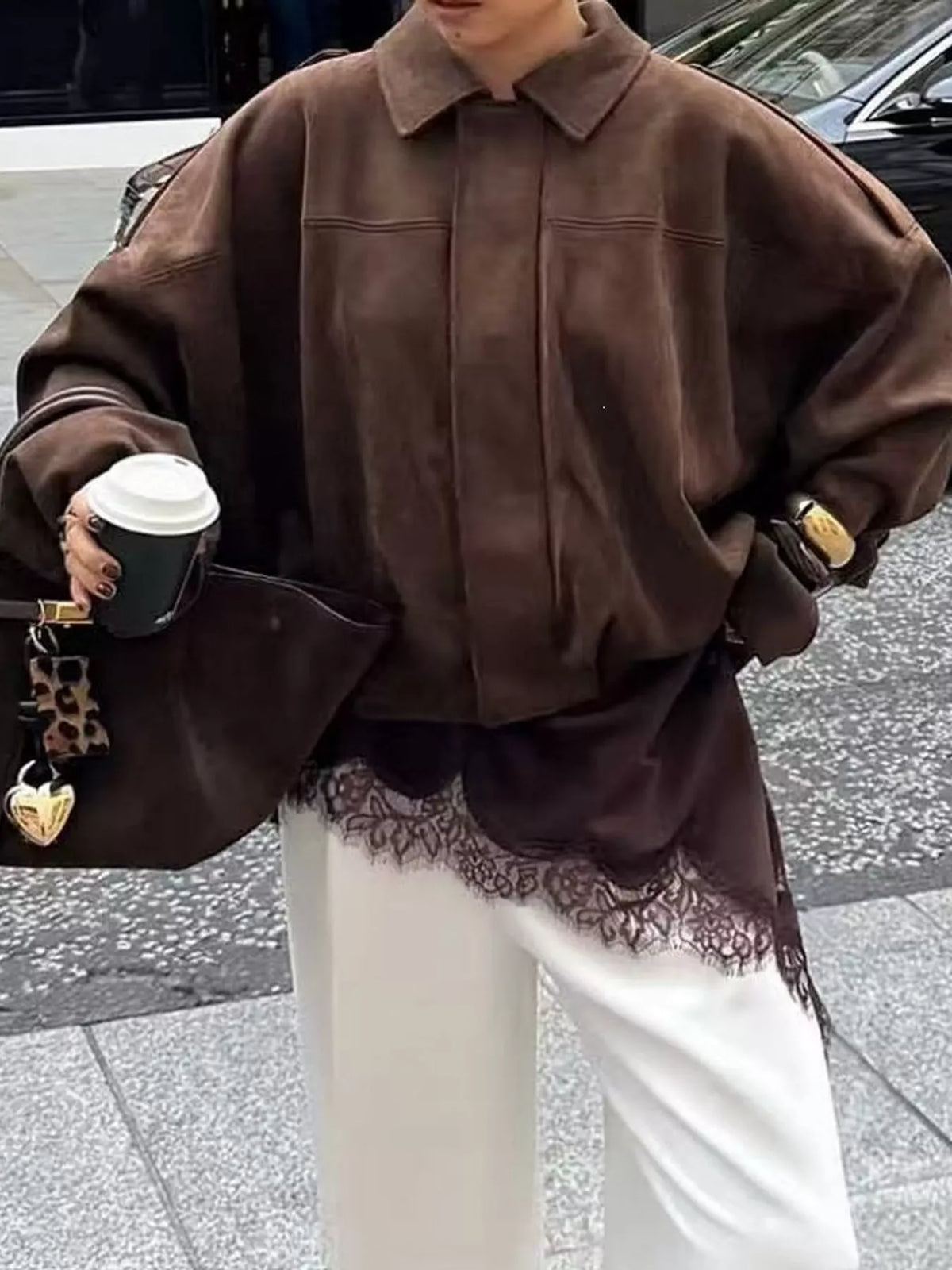 Elastic Hem Batwing Sleeve Jacket - Coffee Brown - View 4