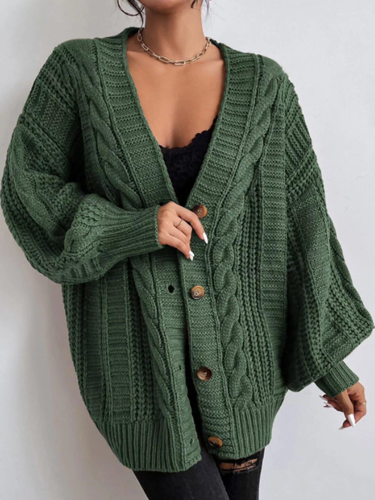 Cable Knit Button-Down Cardigan - Green - View 7