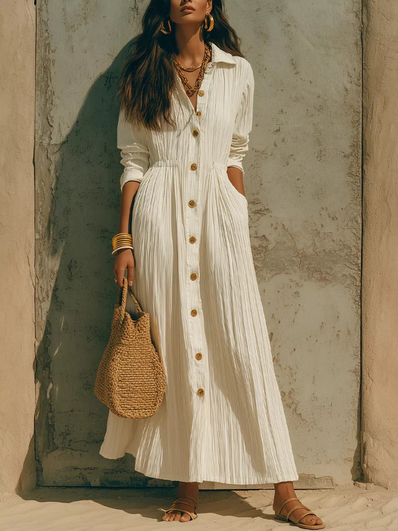 Full Size Textured Button Down Long Sleeve Maxi Dress Plus Size - White - Styled Front View