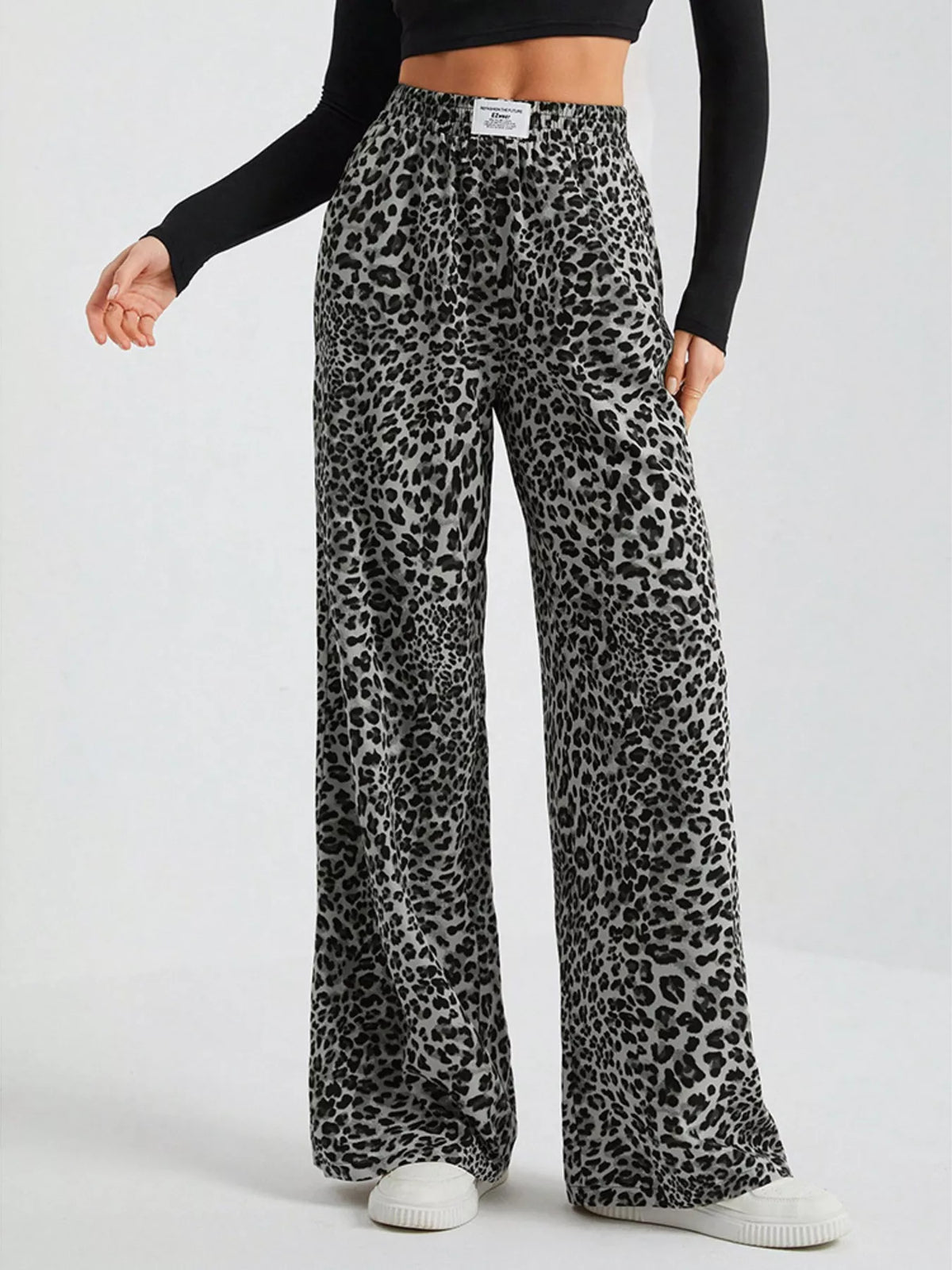 Full Size Leopard Print Wide Leg Pants Plus Size - Black - View 2