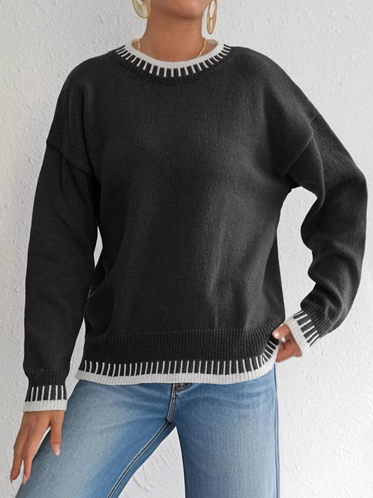 Contrast Trim Crew Neck Drop Shoulder Sweater - Black - View 2