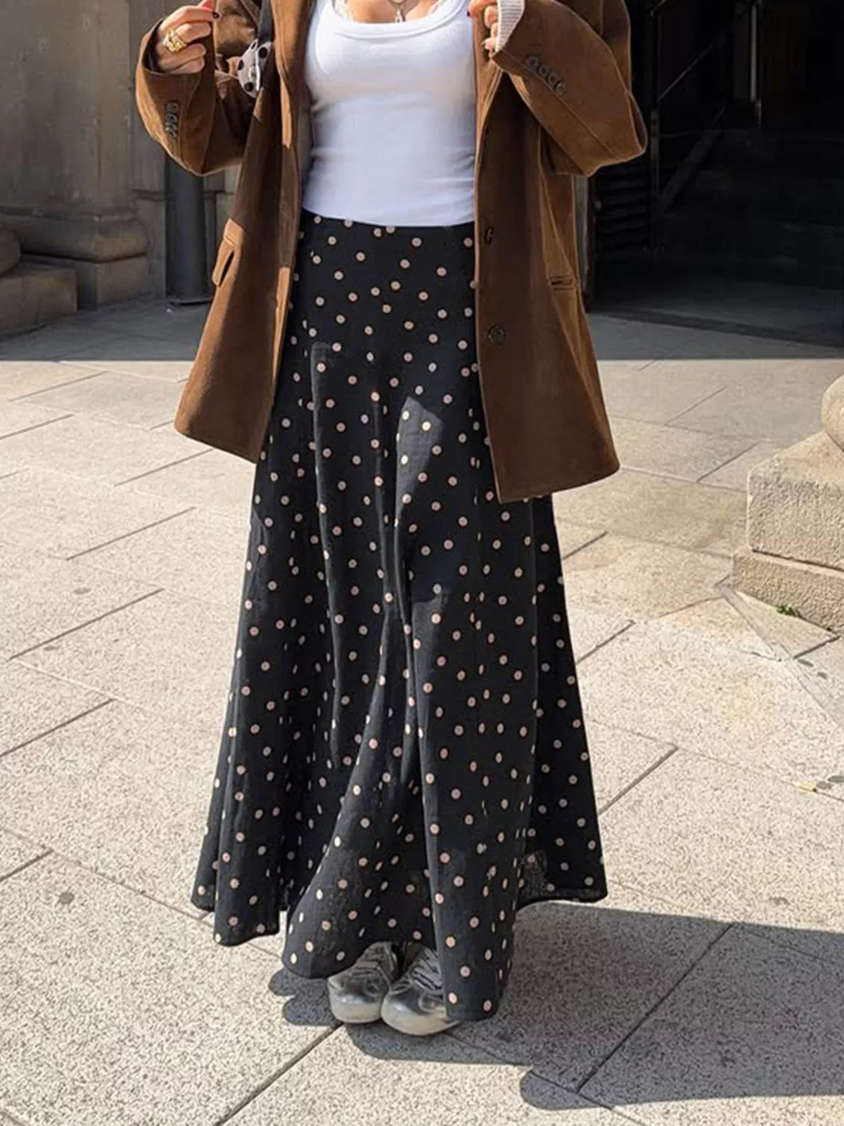 Polka Dot High-Waisted A-Line Skirt - Black - View 4