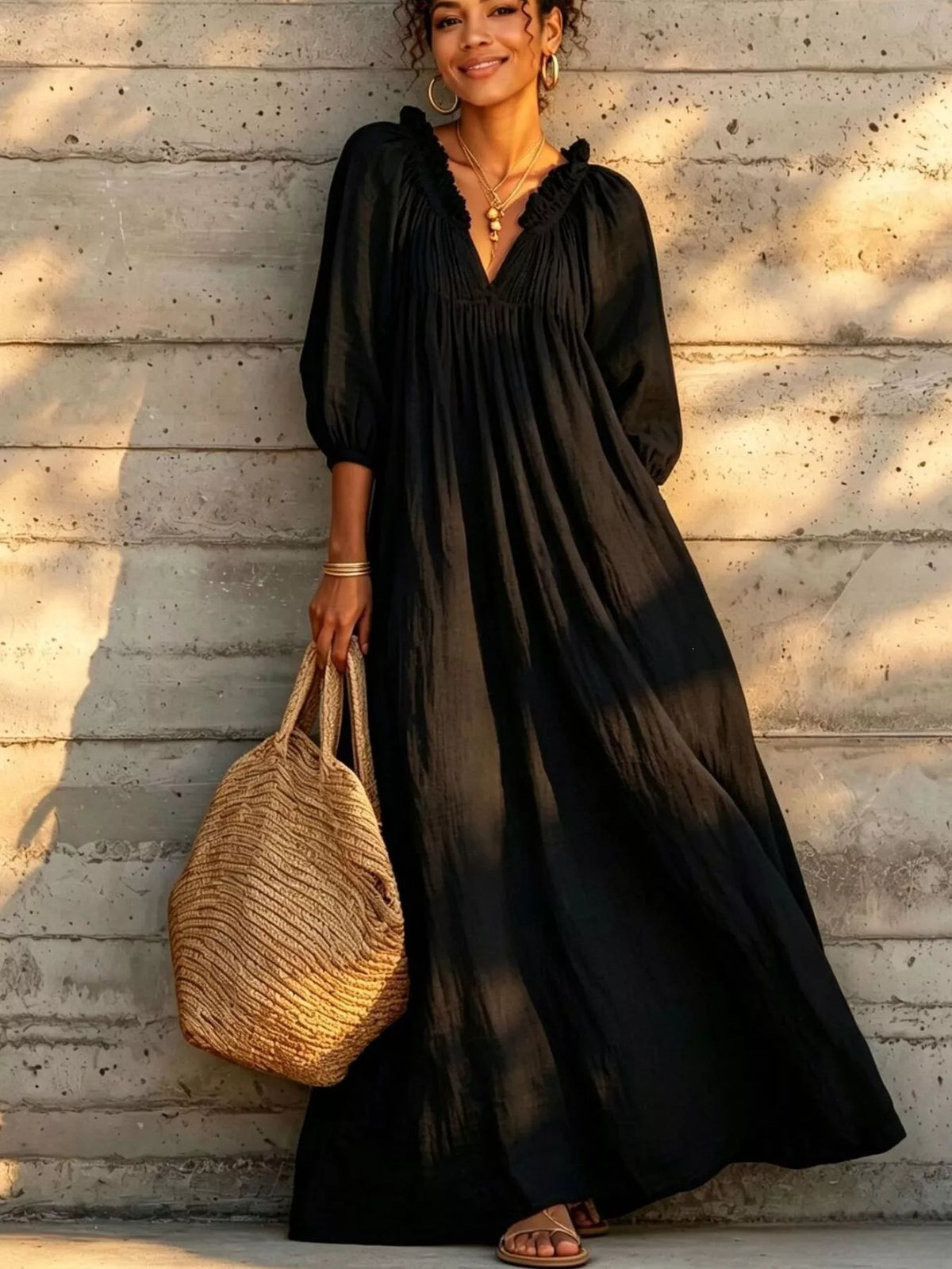 Tiered Notched 3/4 Sleeve Maxi Dress - Black - View 1