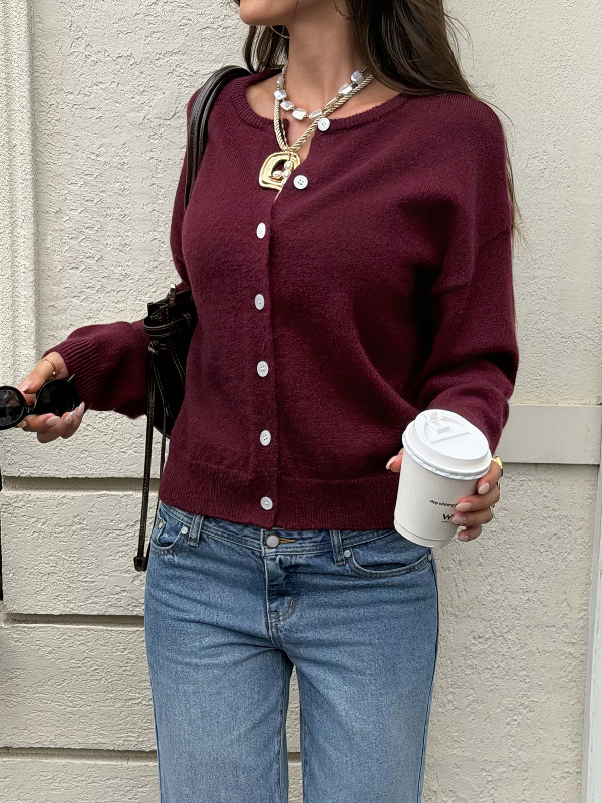 Button-Down Dropped Shoulder Cardigan - Wine Red - View 3