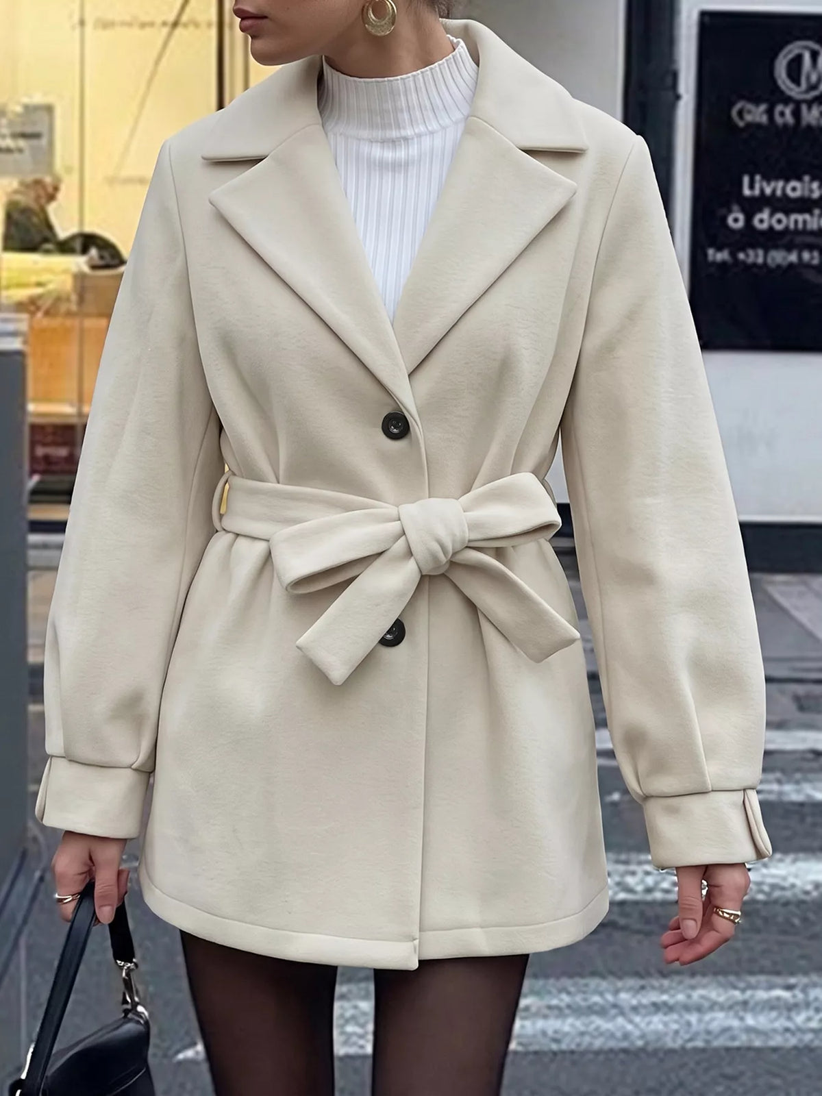 Lapel Collar Button Up Outerwear - Beige - View 3