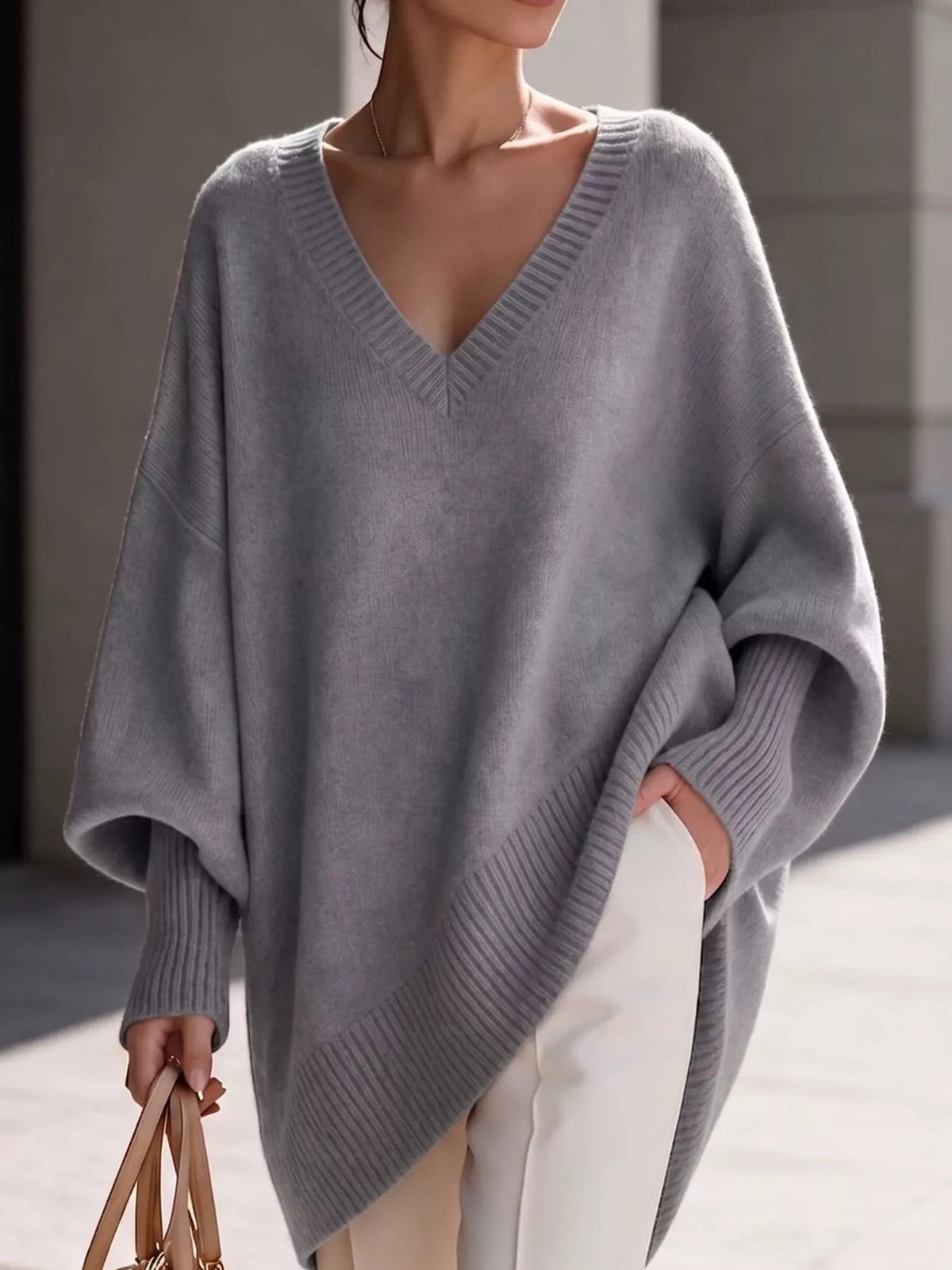 Full Size V-Neck Oversized Batwing Sleeve Sweater Plus Size - Light Gray - View 42