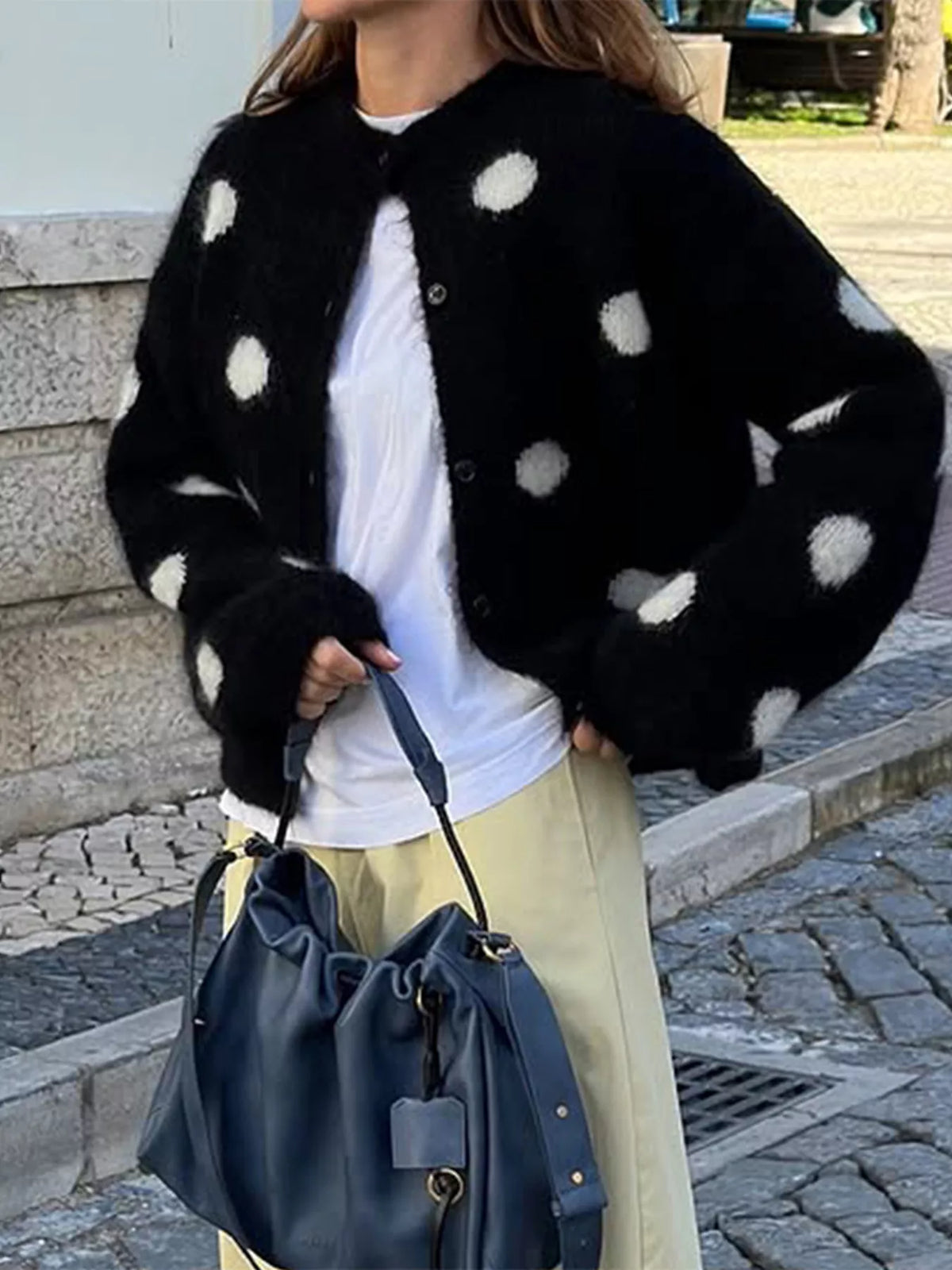 Polka Dot Fuzzy Knit Button-Up Cardigan - Black - View 1