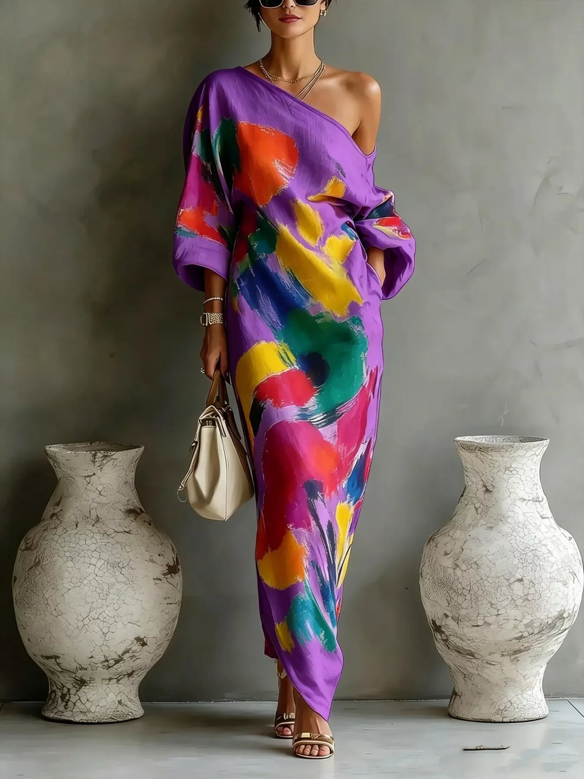 Full Size One-Shoulder Abstract Print Loose Fit Maxi Dress Plus Size - Purple - Original supplier view 7