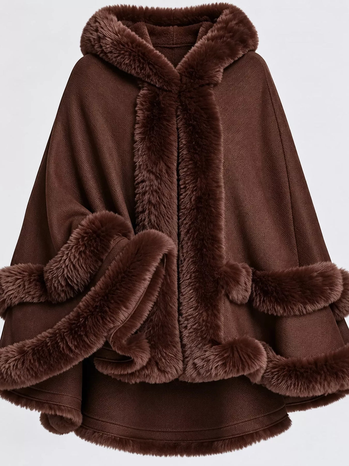 Faux Fur Trimmed Hooded Cape - Coffee - View 58