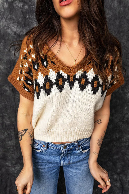V Neck Short Sleeve Geometric Sweater - Brown - View 6
