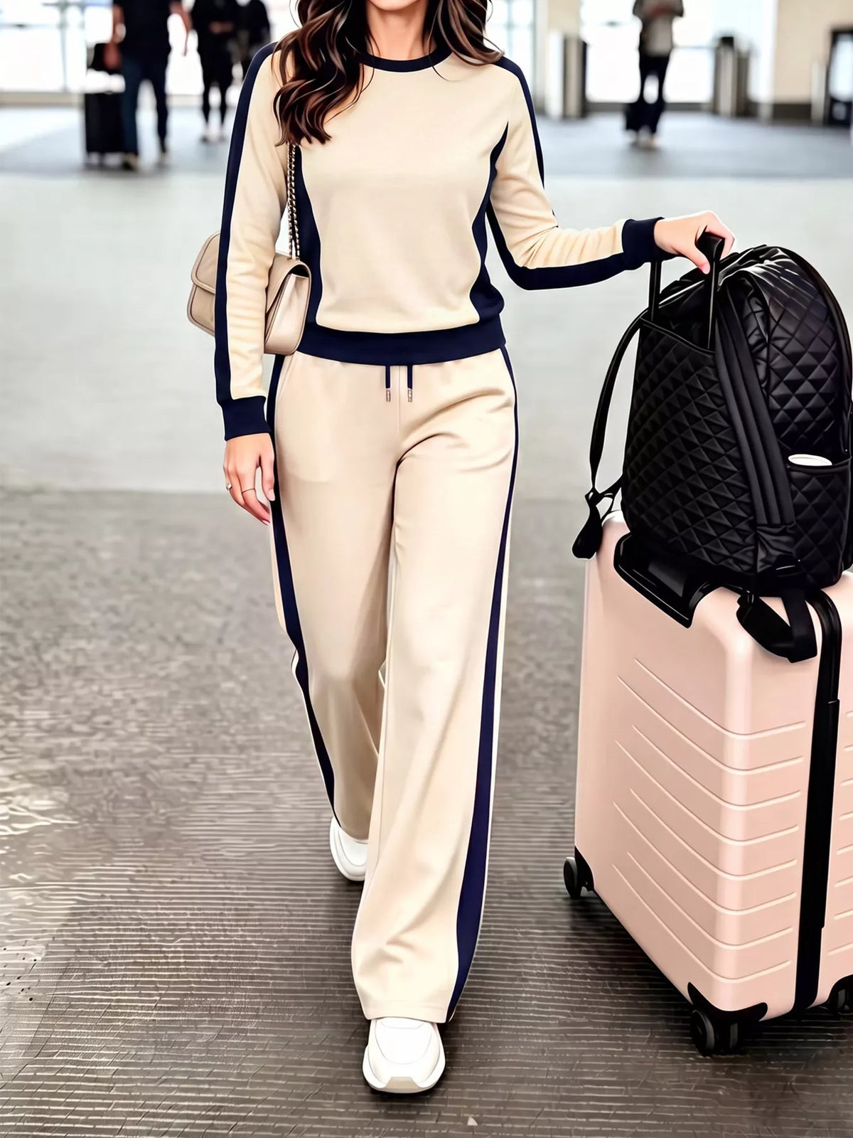 Contrast Side Stripes Top and Pants Set - Apricot - View 1