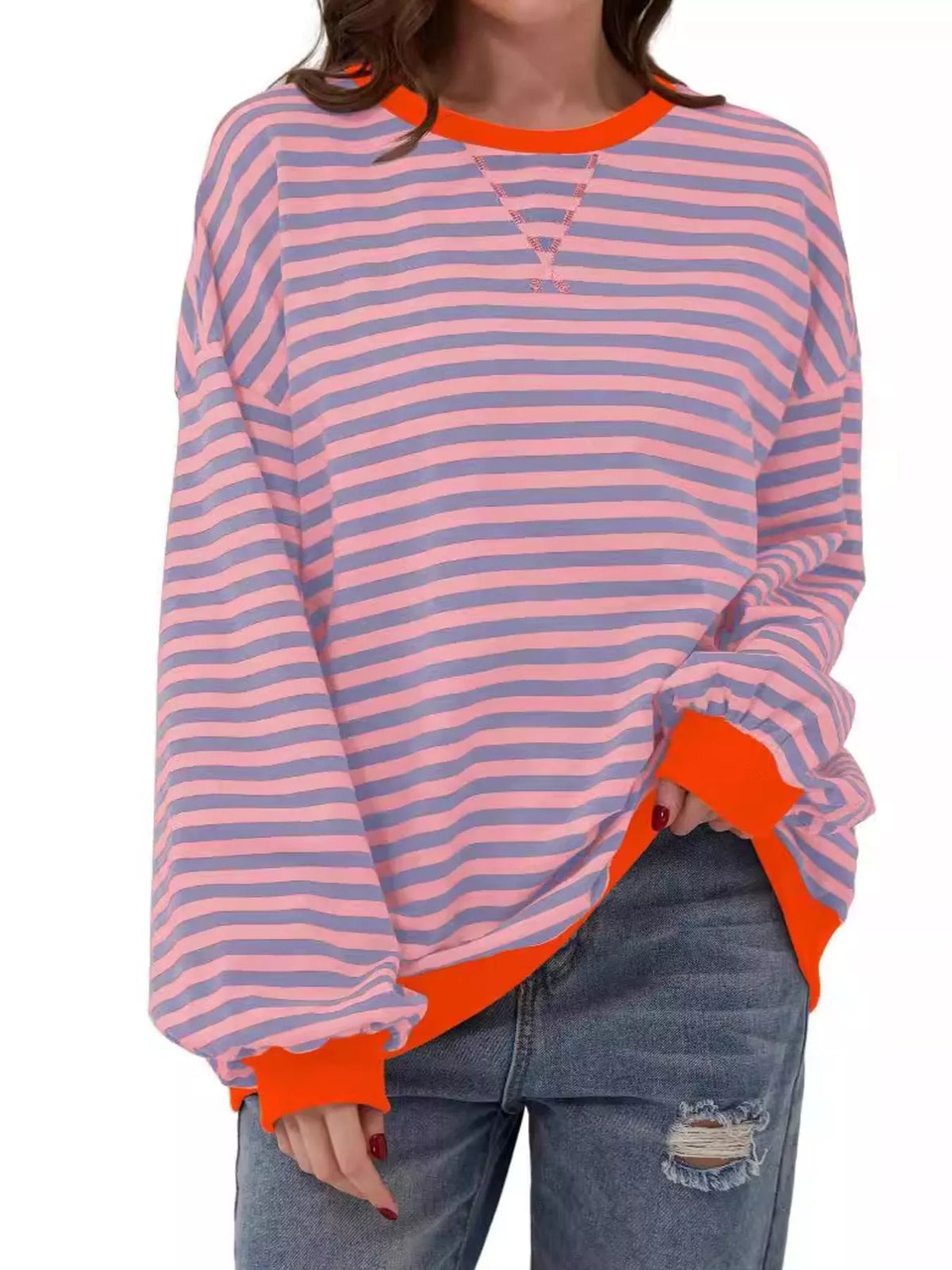 Striped Contrast Trim Oversized Sweatshirt - Orange - View 1