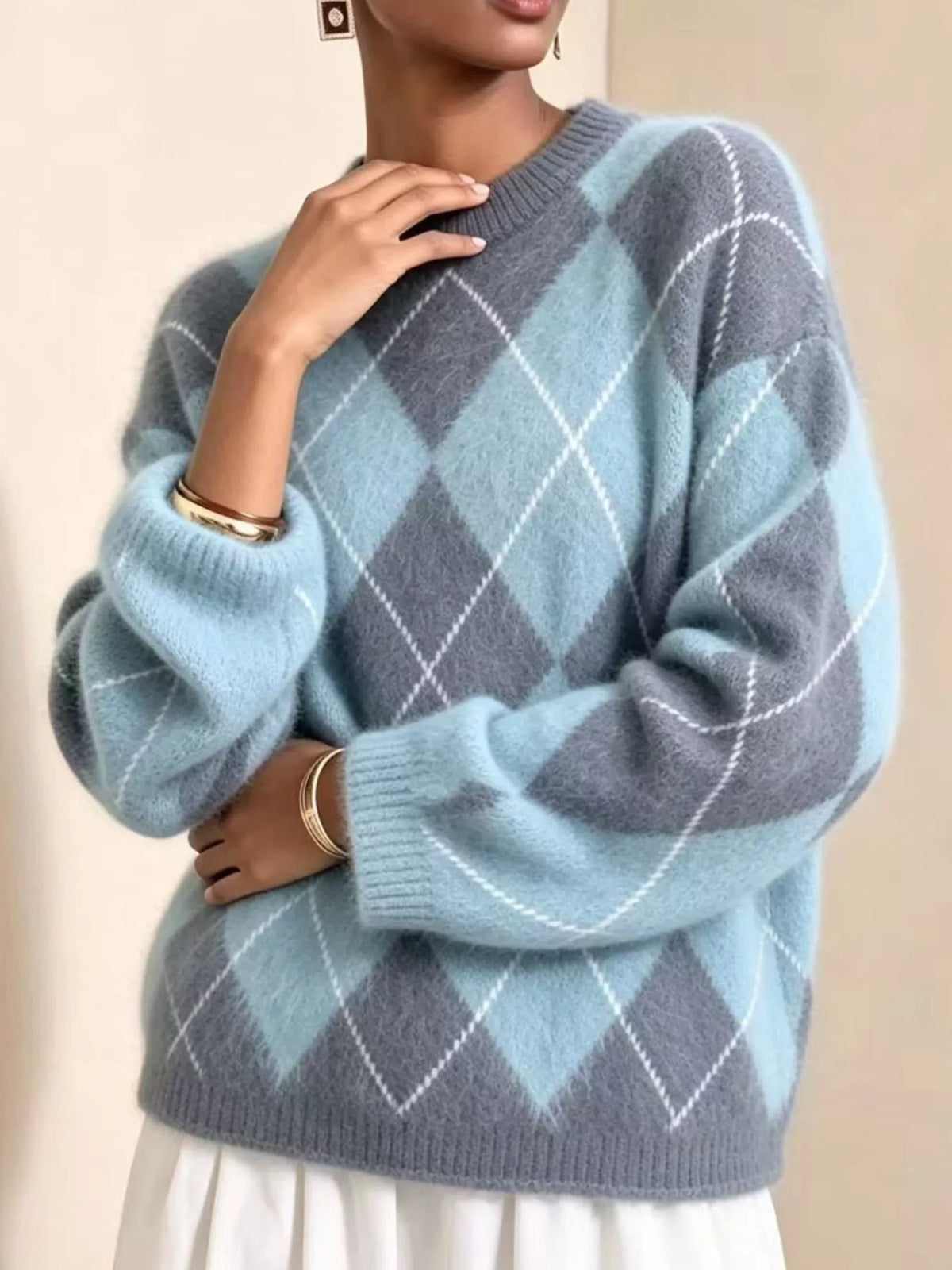 Argyle Pattern Fuzzy Knit Sweater - Sky Blue - View 13