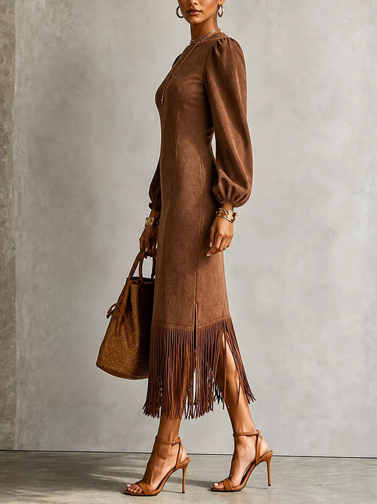 Fringe Balloon Sleeve Midi Dress - Coffee Brown - View 2