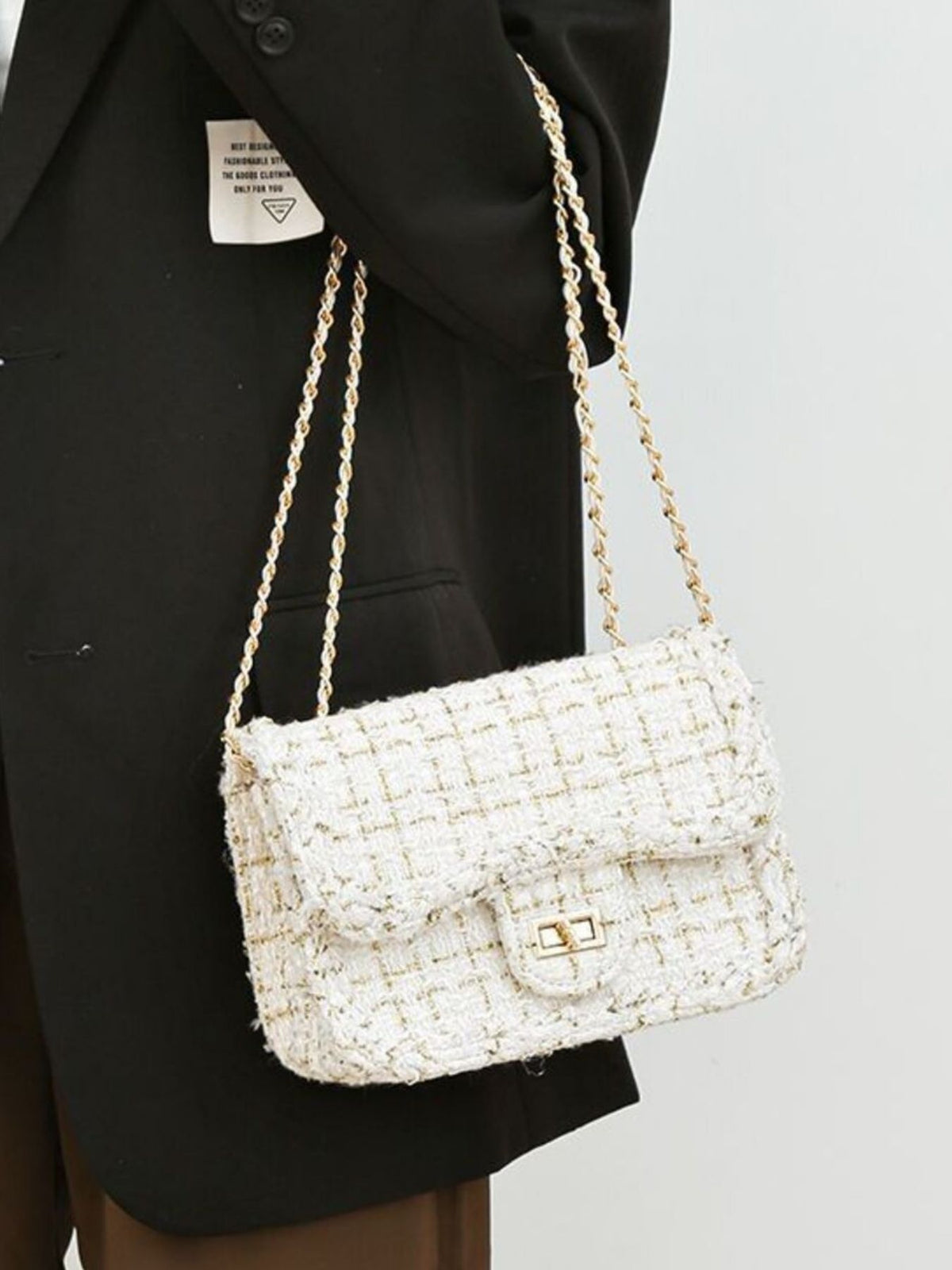 Tweed Chain Shoulder Bag - White - View 6