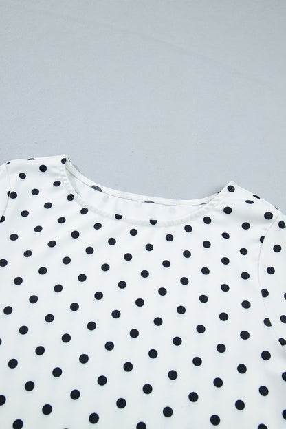Black Polka Dot Print Lettuce Trim Long Sleeve Top