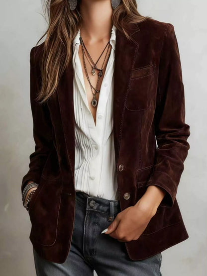 Full Size Lapel Collar Button Up Blazer Plus Size - Chocolate - View 2