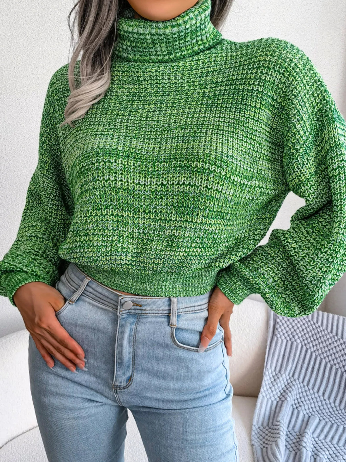 Turtleneck Dropped Shoulder Sweater - Green - View 1