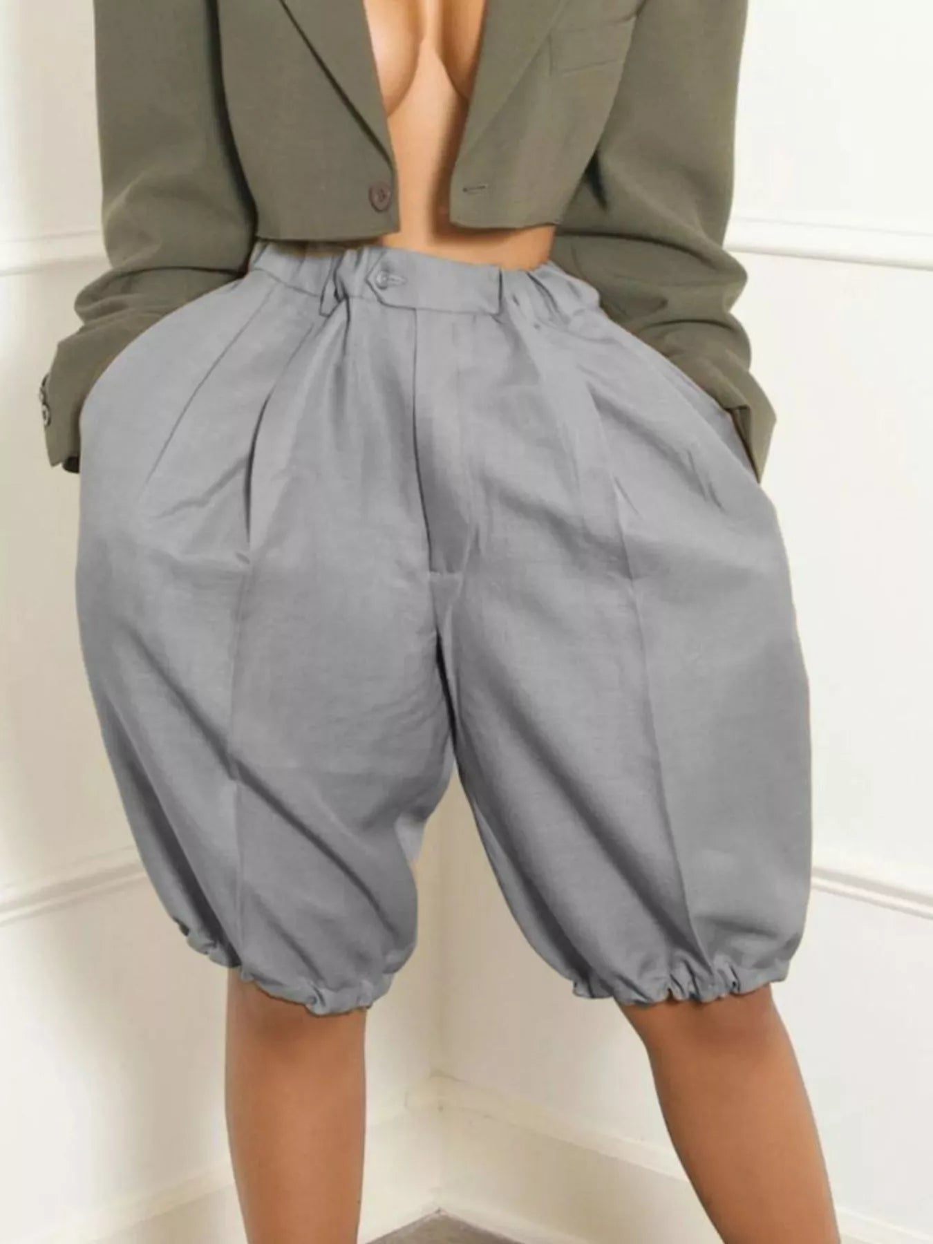 Pleated Detail High Waist Shorts - Gray