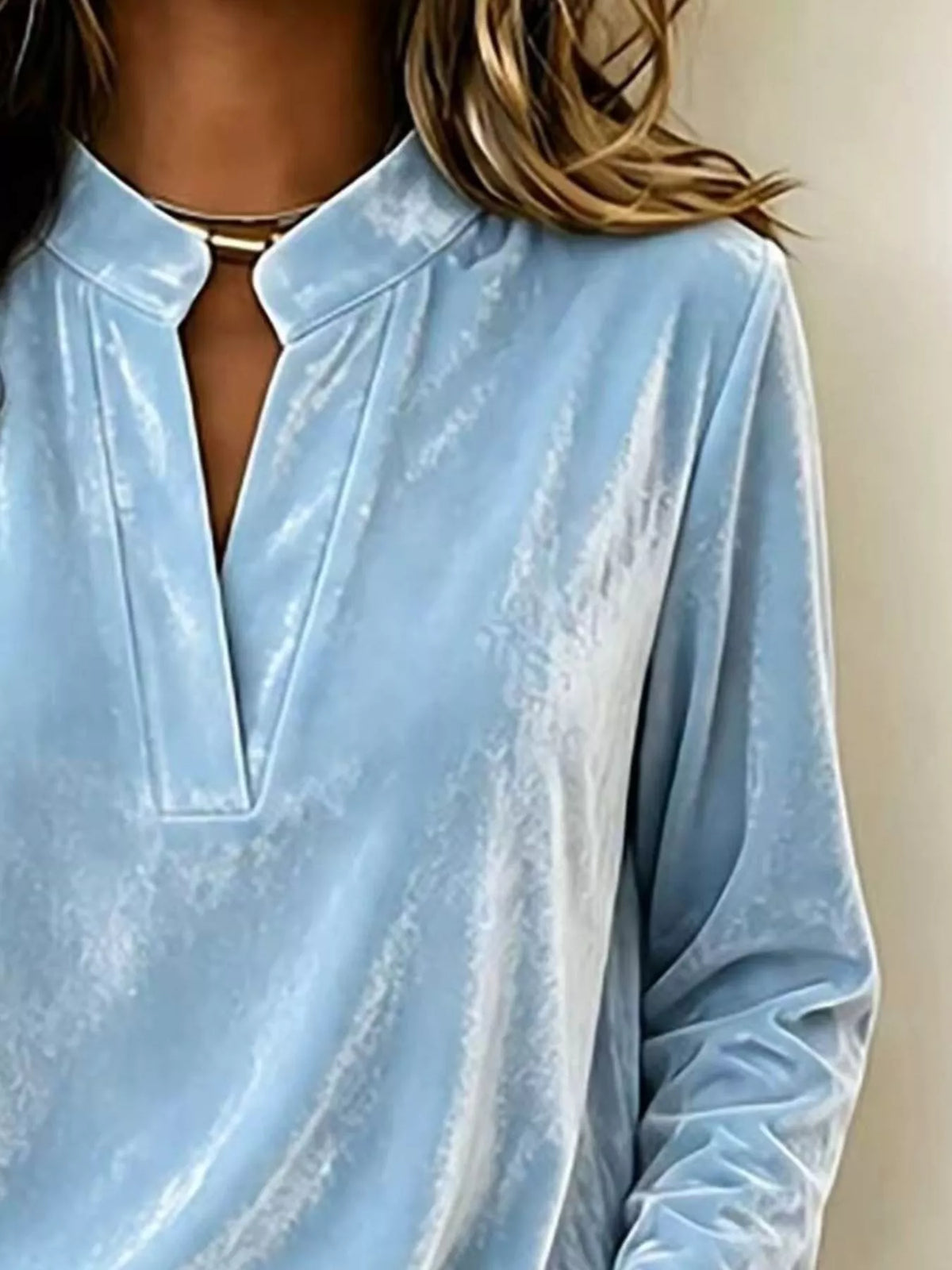 Full Size Velvet Notched Long Sleeve Blouse Plus Size - Sky Blue - View 2