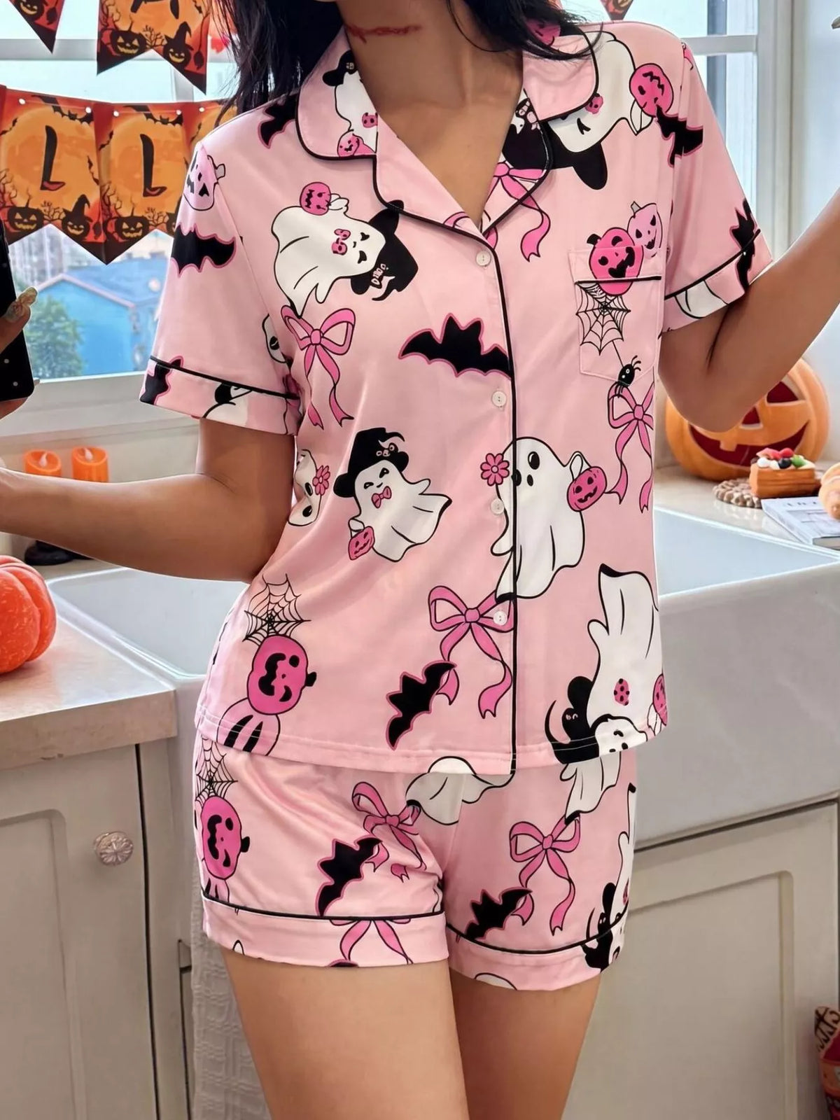 Halloween Ghost Print Button-Down Top and Shorts Lounge Set - Pink - View 1
