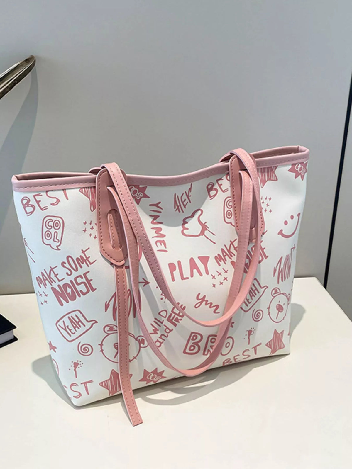Graffiti Print Casual Tote Bag - Pink - View 7