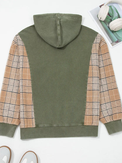 Plaid Sleeve Drawstring Pocket Hoodie - Sage - View 11