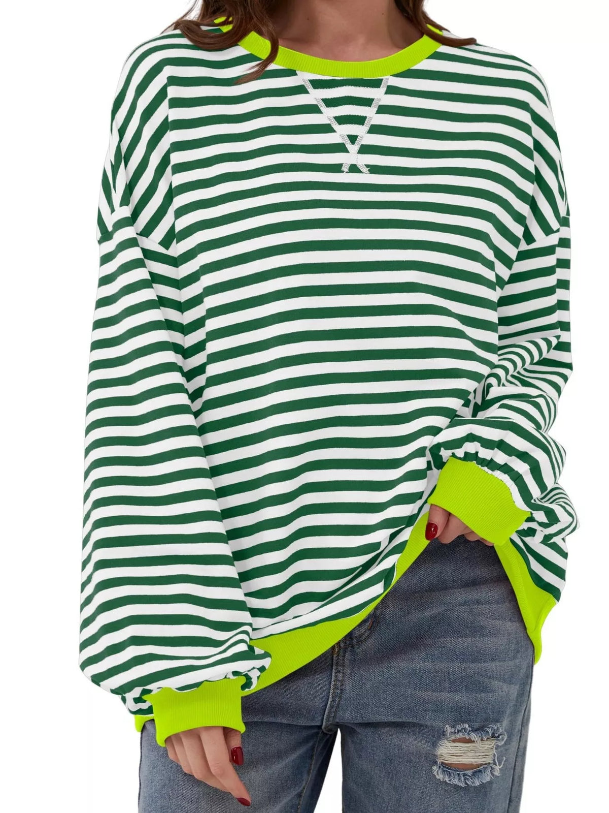 Striped Contrast Trim Oversized Sweatshirt - Light Green - View 1
