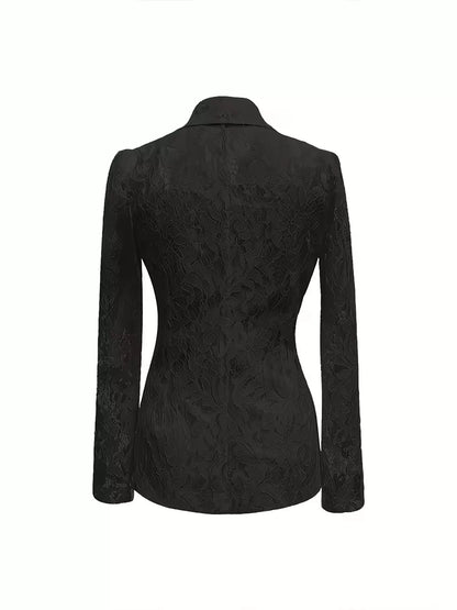 Lace Button Up Fitted Blazer - Black - View 3