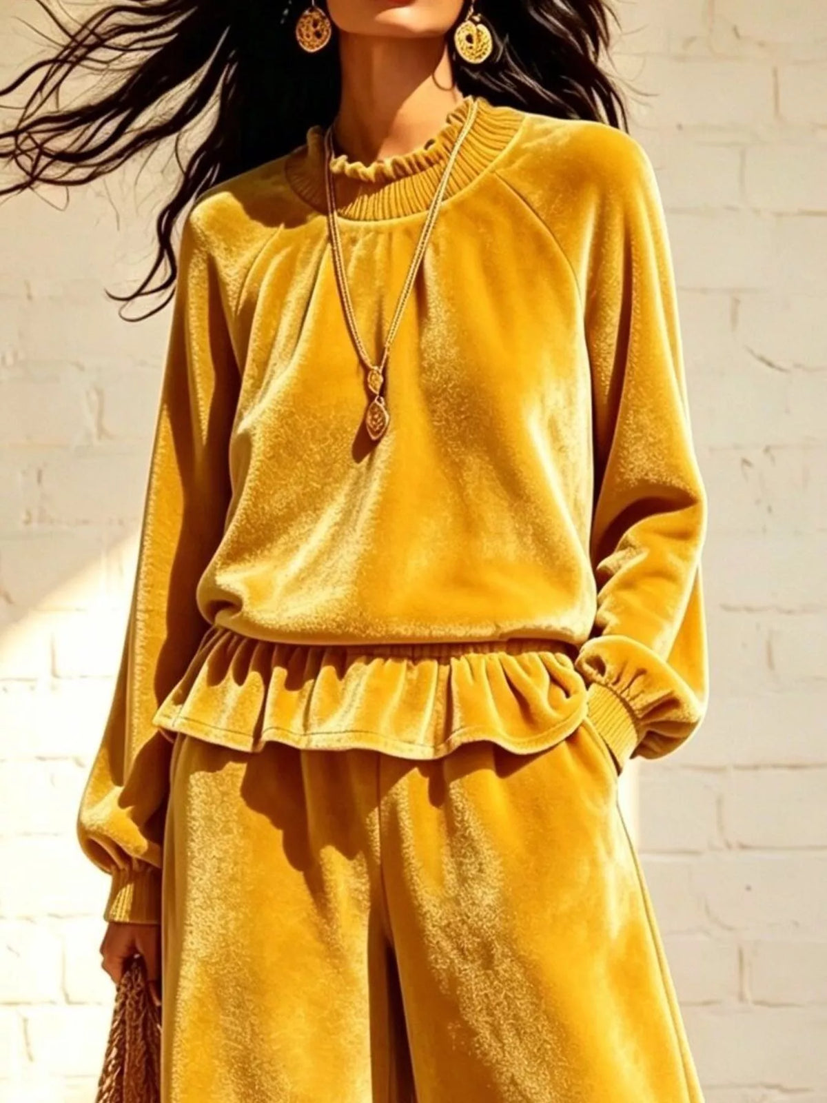 Velvet Peplum Top and Wide-Leg Pants Set - Gold - View 2