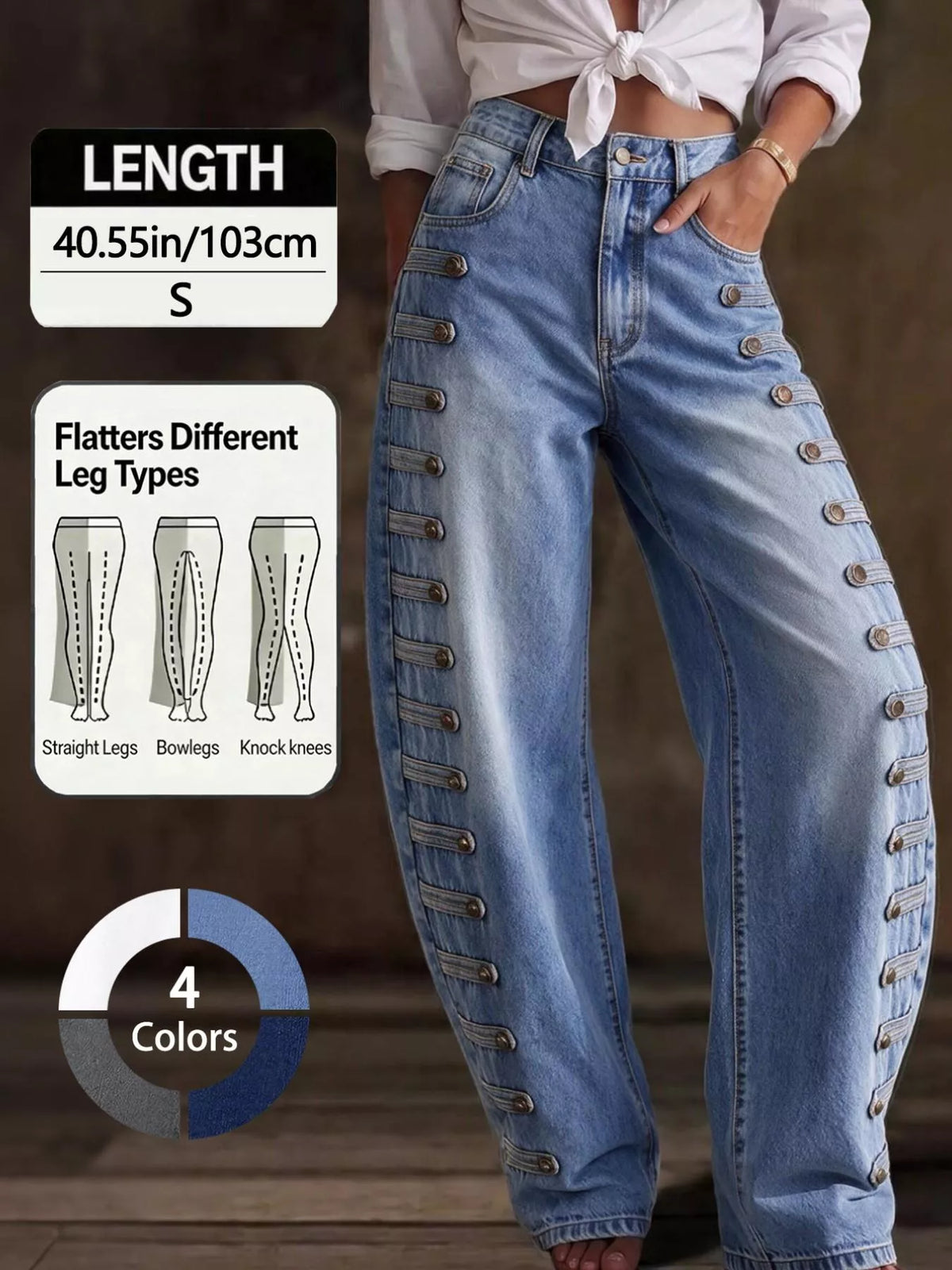 Decorative Button Wide Leg Jeans - Blue - View 19