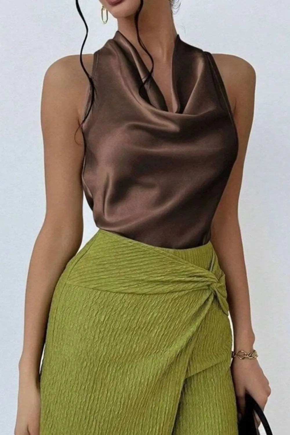 Satin Cowl Neck Sleeveless Blouse - Chocolate - View 11