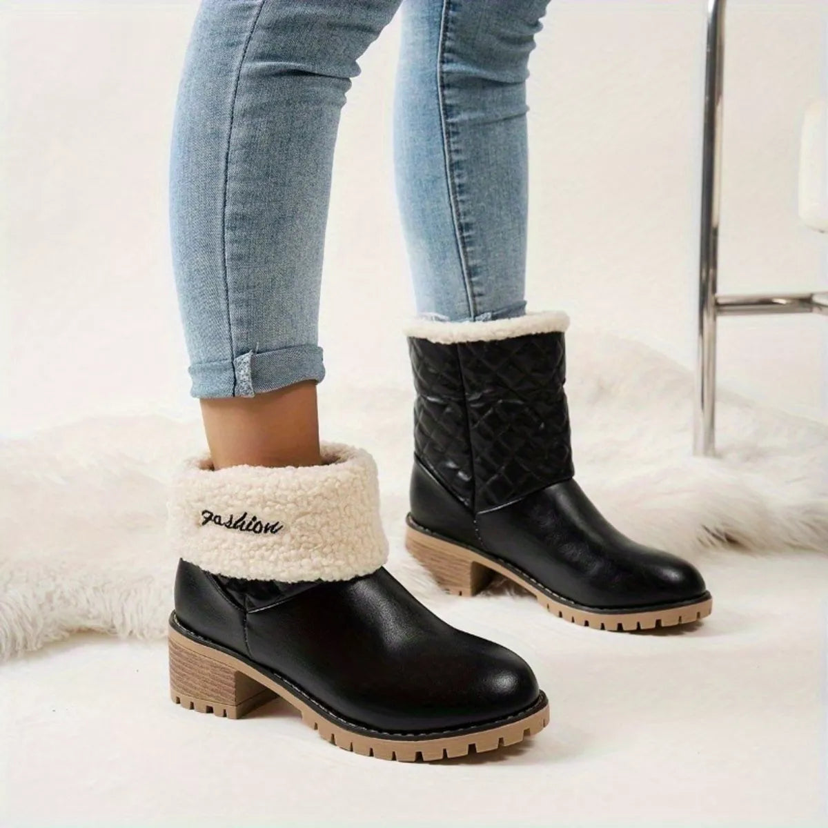 Round Toe Block Heels Boots - Black - View 1
