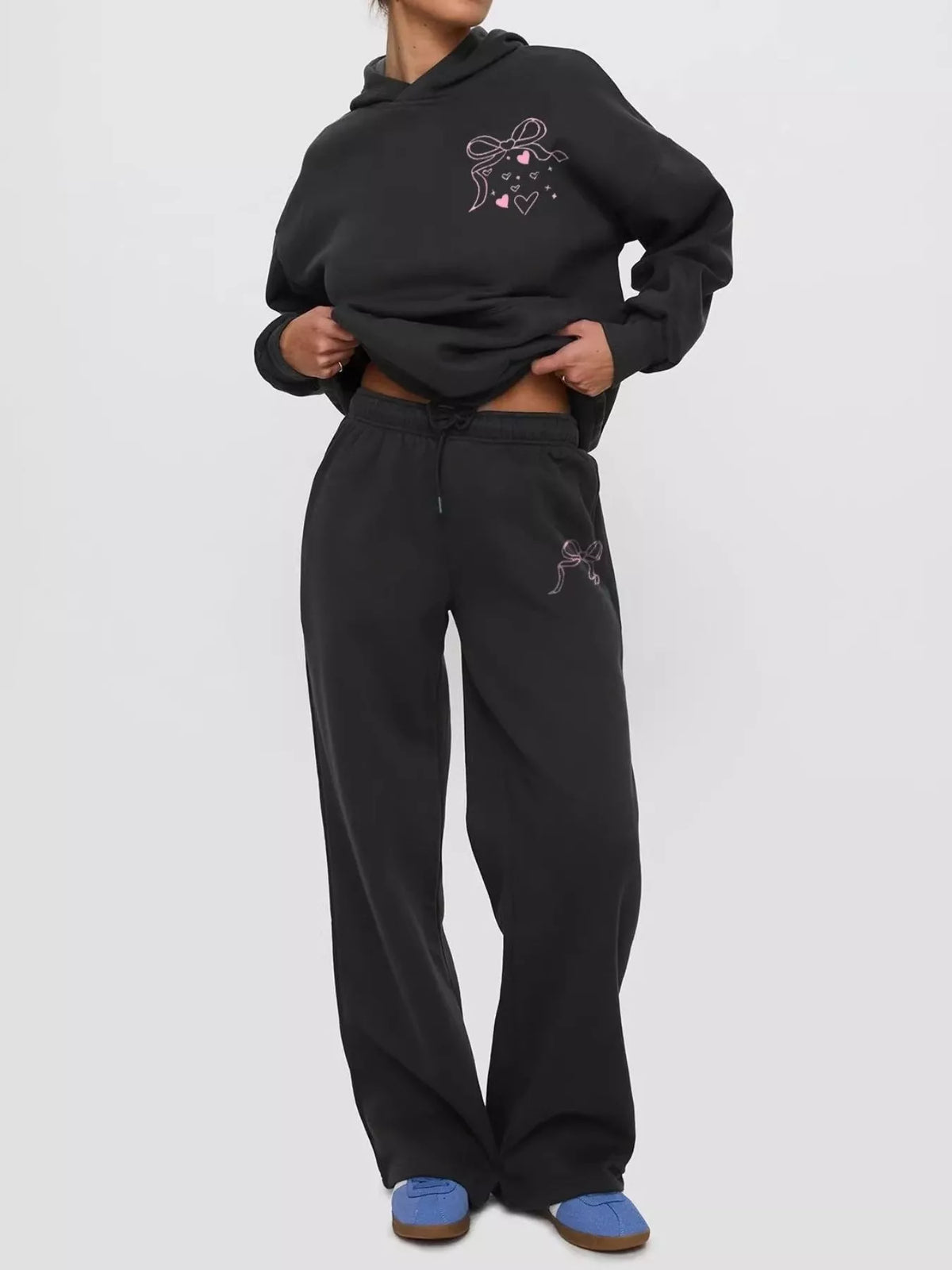 Bow and Heart Dropped Shoulder Hoodie and Pants Set - Black - View 1