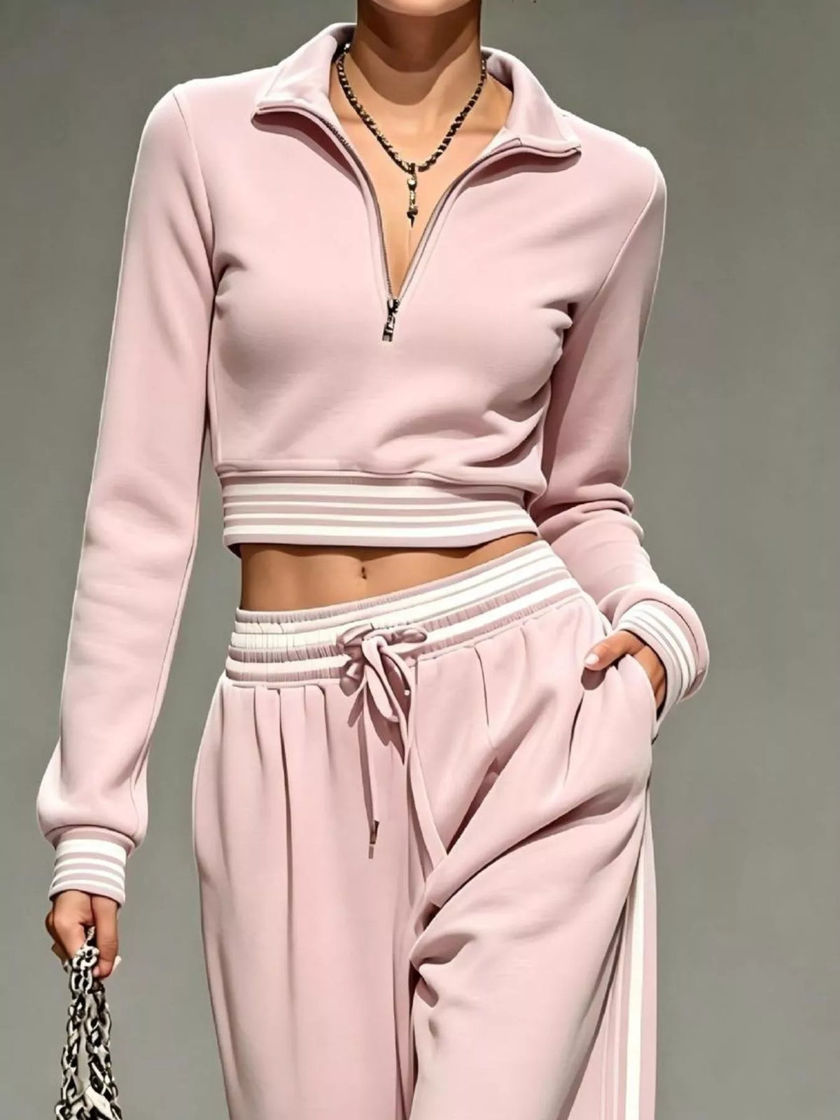 Full Size Half Zip Cropped Top and Pants Set Plus Size - Blush Pink - View 1