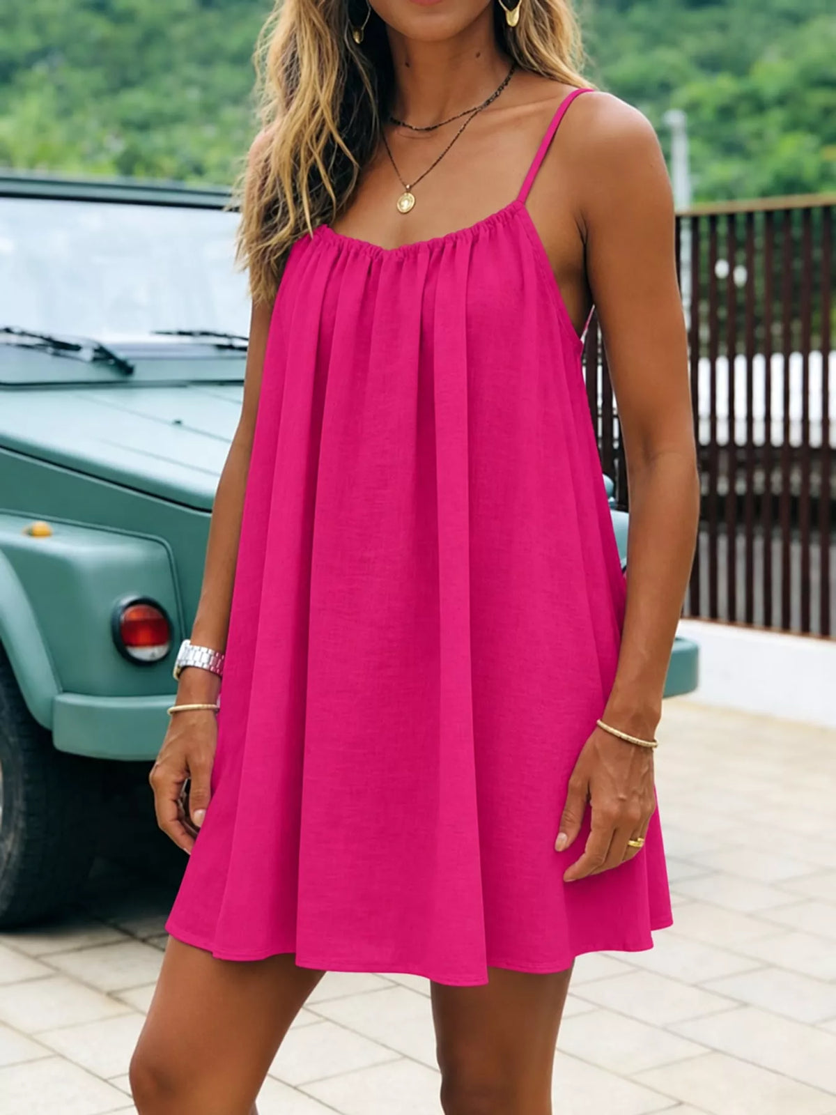 Full Size Backless Spaghetti Strap A-Line Mini Dress Plus Size - Hot Pink-Style C - View 47