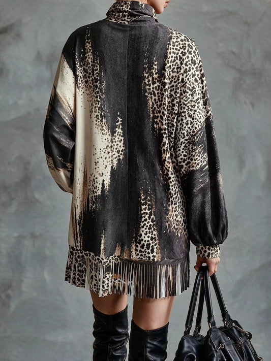 Leopard Print Mock Neck Fringe Hem Mini Dress - Black - View 2