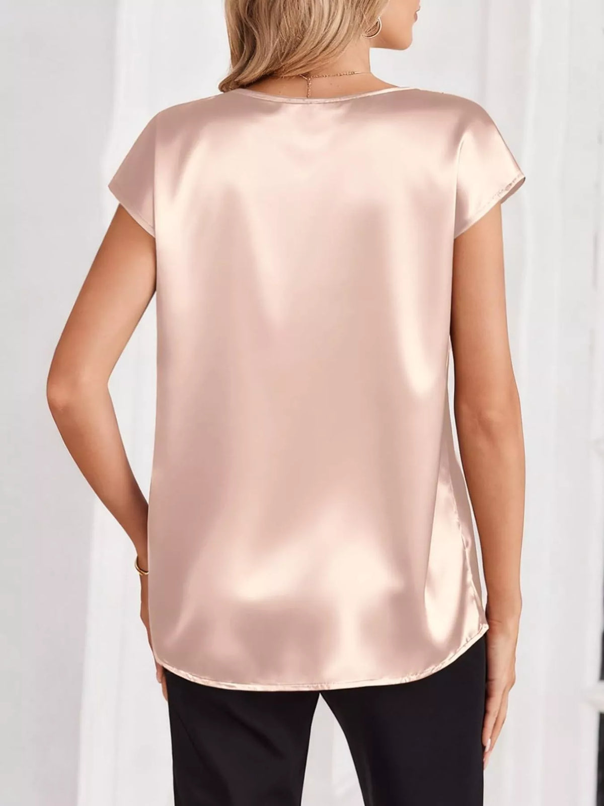 Satin V-Neck Cap Sleeve Blouse - Champagne - View 16