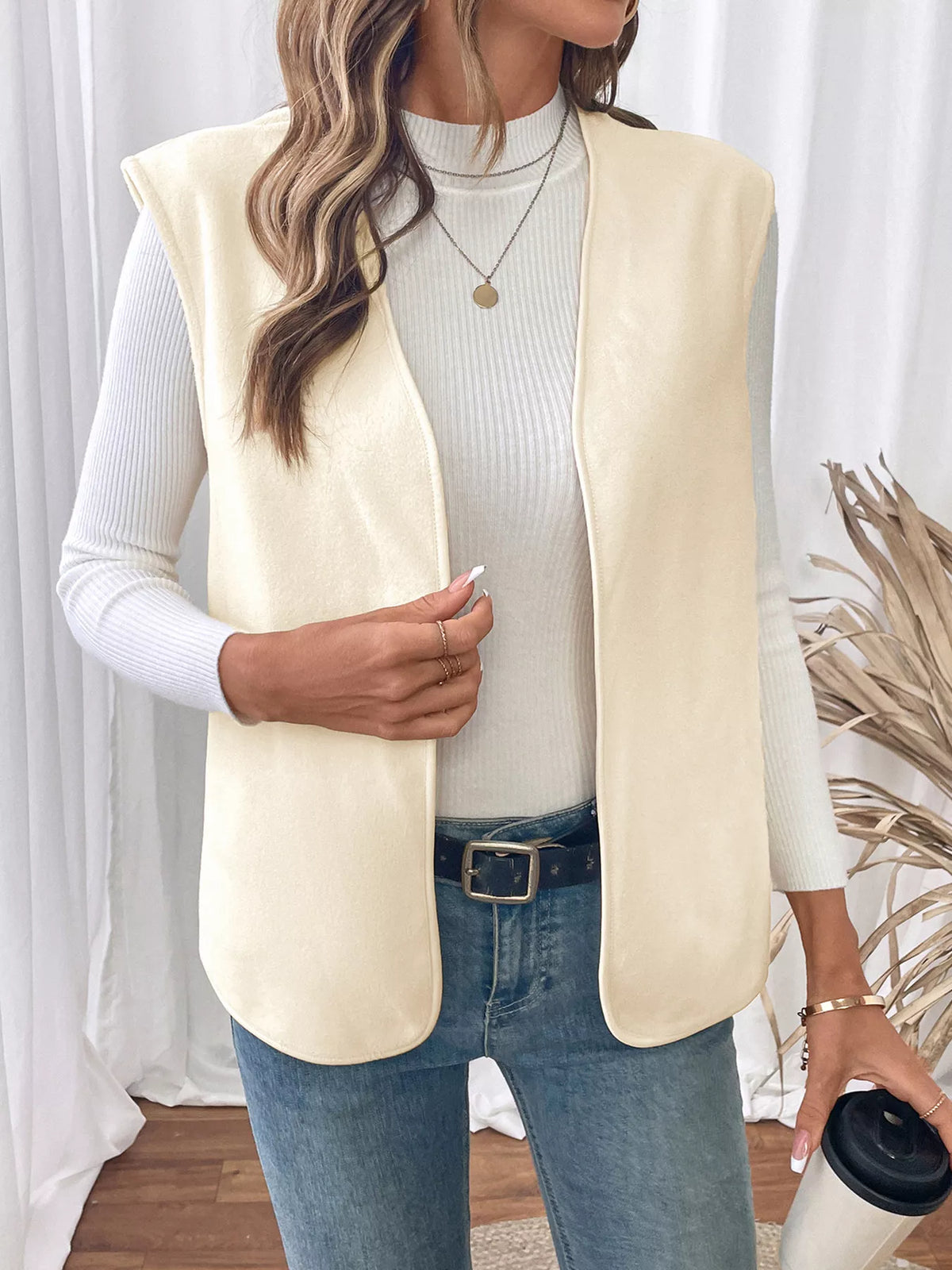Full Size Open Front Vest Coat Plus Size - Apricot - View 3