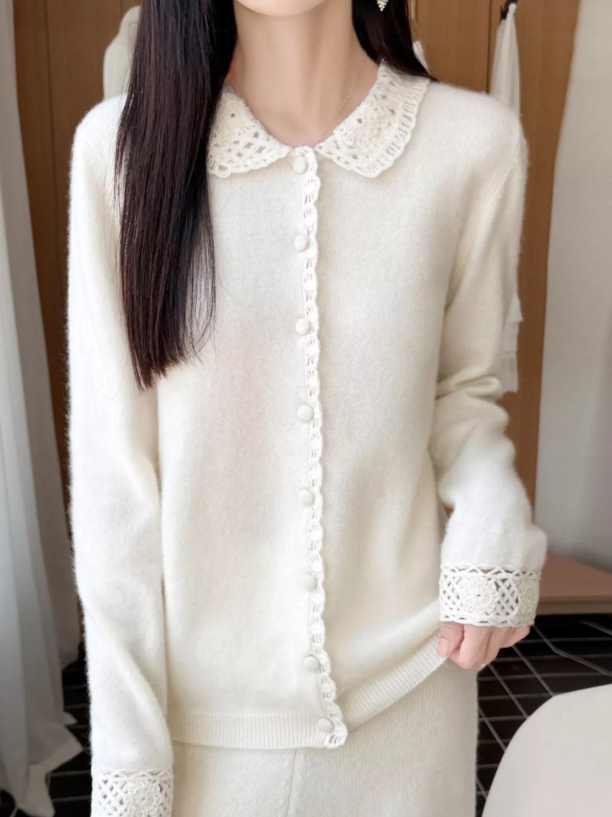 Lace-Collar Button Down Knit Cardigan - White - View 17