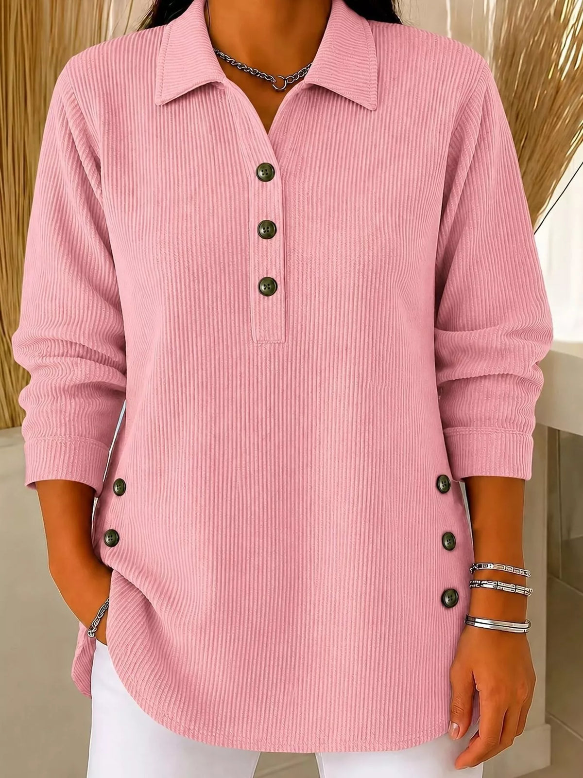 Full Size Button Detail Long Sleeve Top Plus Size - Dusty Pink - View 1