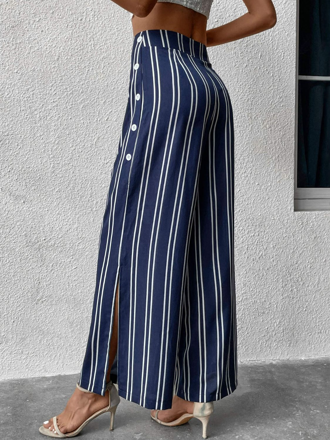 Perfee Striped Slit Wide Leg Pants - Dark Blue - View 2